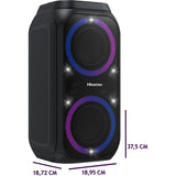 Der Hisense Party Rocket 160 ist ein schwarzer kabelloser Party-Lautsprecher mit zwei großen blauen und lila LED-Ringen auf der Vorderseite. Dieser Bluetooth-Lautsprecher misst 37,5 cm in der Höhe, 18,72 cm in der Tiefe und 18,95 cm in der Breite.