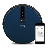 Der H.Koenig SWRC120 Staubsauger in Blau wird neben einem Smartphone gezeigt, das eine Reinigungskarte und Bedienelemente zeigt, und hebt seine Wi-Fi-Steuerung für eine komfortable Bedienung hervor.