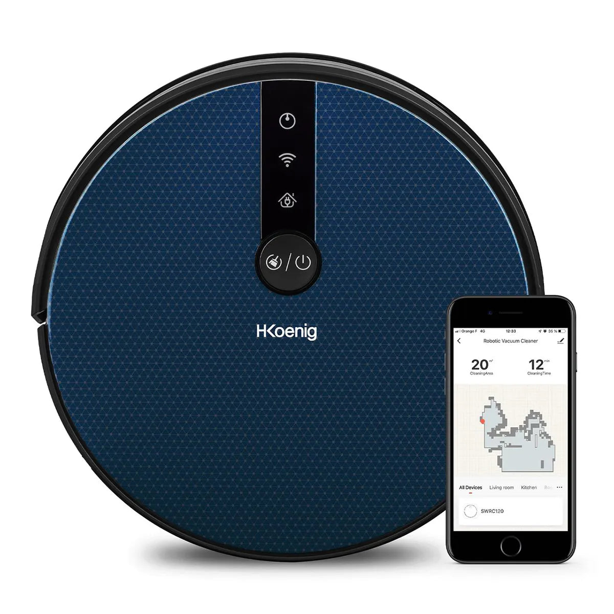 Der H.Koenig SWRC120 Staubsauger in Blau wird neben einem Smartphone gezeigt, das eine Reinigungskarte und Bedienelemente zeigt, und hebt seine Wi-Fi-Steuerung für eine komfortable Bedienung hervor.