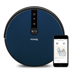 Der H.Koenig SWRC120 Staubsauger in Blau wird neben einem Smartphone gezeigt, das eine Reinigungskarte und Bedienelemente zeigt, und hebt seine Wi-Fi-Steuerung für eine komfortable Bedienung hervor.