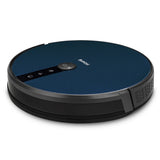 Der H.Koenig SWRC120 Staubsauger in Blau ist ein runder Staubsauger- und Wischroboter mit Gyroskop-Navigation und einfachem Bedienfeld, dargestellt auf weißem Hintergrund.