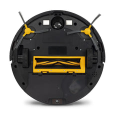 Auf der Unterseite des H.Koenig SWRC120 Staubsaugers - blau befinden sich zwei rotierende Seitenbürsten, zwei große Räder, eine zentrale gelbe Bürstenwalze, Gyroskop-Navigations-Sensoren und ein Mülleimerfach.