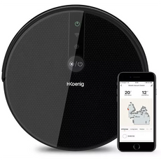 Ein runder, schwarzer H.Koenig SWRC130 Staubsaugerroboter steht neben einem Smartphone, auf dem eine App mit Reinigungsdetails und eine Karte der Umgebung angezeigt werden.