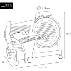 Beschriftete Strichzeichnung des H.Koenig Allesschneider MSX224 240 W (rot), mit Abmessungen: 49,5 cm breit, 42 cm tief, 33 cm hoch und ausgestattet mit einem 220 mm langen Kreismesser.