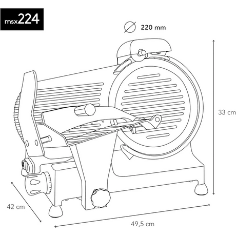 Beschriftete Strichzeichnung des H.Koenig Allesschneider MSX224 240 W (rot), mit Abmessungen: 49,5 cm breit, 42 cm tief, 33 cm hoch und ausgestattet mit einem 220 mm langen Kreismesser.