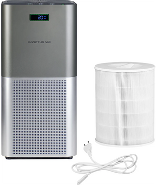 Der Genius INVICTUS Air P7 Luftreiniger - Grau von INVICTUS verfügt über eine Digitalanzeige, einen zylindrischen HEPA-13-Filter, ein grau-weißes Design und ein weißes Netzkabel.