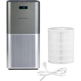 Der Genius INVICTUS Air P7 Luftreiniger - Grau von INVICTUS verfügt über eine Digitalanzeige, einen zylindrischen HEPA-13-Filter, ein grau-weißes Design und ein weißes Netzkabel.