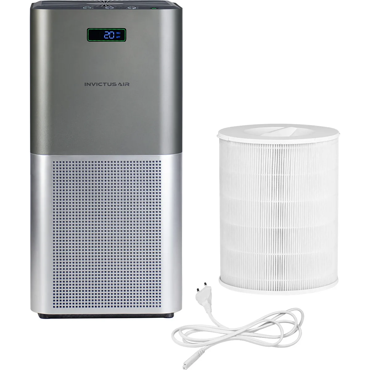 Der Genius INVICTUS Air P7 Luftreiniger - Grau von INVICTUS verfügt über eine Digitalanzeige, einen zylindrischen HEPA-13-Filter, ein grau-weißes Design und ein weißes Netzkabel.