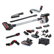 Der INVICTUS X9 Akkustaubsauger von INVICTUS in Schwarz mit HEPA-Filter und vielseitigem Zubehör wie Bürsten, Verlängerungsrohren, Schlauch, Netzteil, Akku und Ladestation - alles auf weißem Hintergrund präsentiert.