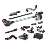 Der INVICTUS X9 Akkustaubsauger von INVICTUS in Schwarz mit HEPA-Filter und vielseitigem Zubehör wie Bürsten, Verlängerungsrohren, Schlauch, Netzteil, Akku und Ladestation - alles auf weißem Hintergrund präsentiert.