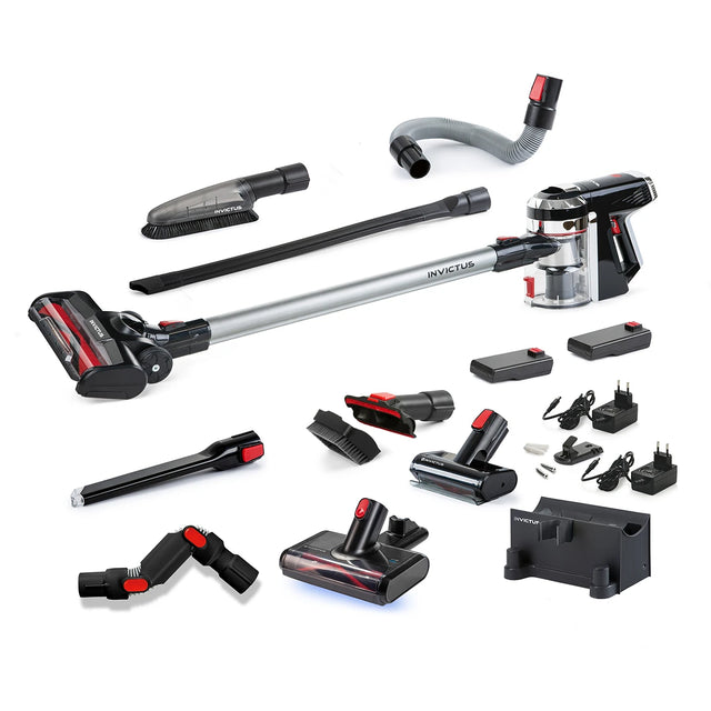 Der INVICTUS X9 23-tlg. Akkustaubsauger in Schwarz von INVICTUS mit HEPA-Filter, mehreren Aufsätzen, Akkus, Ladegeräten und Zubehör ist ansprechend auf weißem Hintergrund arrangiert.