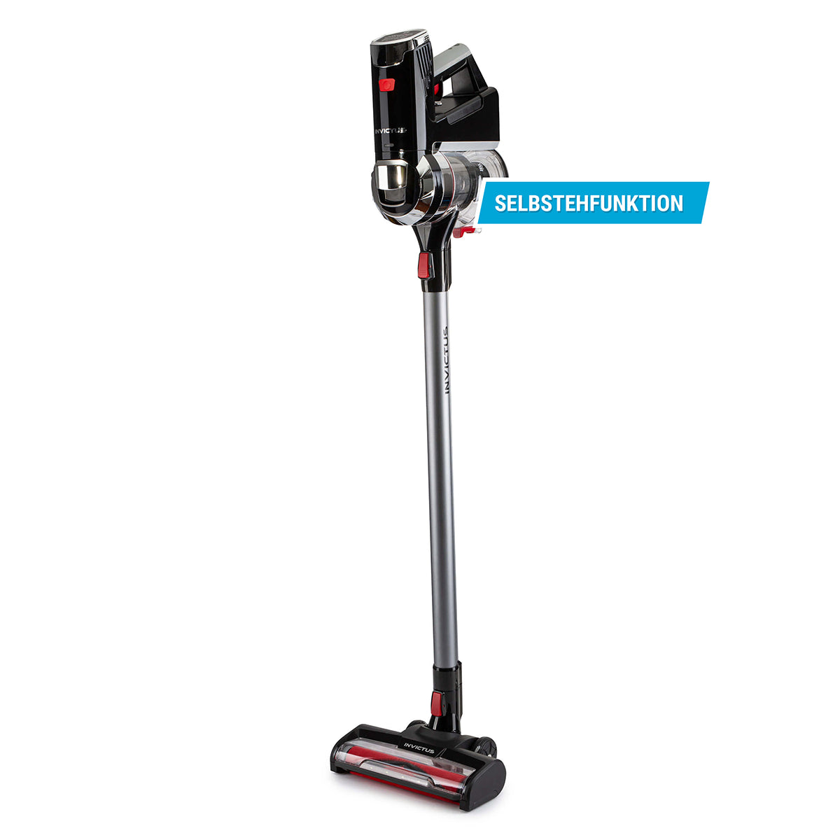 Der INVICTUS X9 Akkustaubsauger in Schwarz von INVICTUS steht aufrecht im schwarzen, roten Design. Ein blauer Aufkleber mit "SELBSTSTANDSFUNKTION" weist auf die praktische Selbststehfunktion hin. Mit effizientem HEPA-Filter.