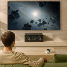 Auf einem grünen Sofa schaut jemand eine Weltraumszene mit Asteroiden auf einem wandmontierten Fernseher über dem KEF Q6 Meta Center-Lautsprecher von KEF, der mit der Uni-Q-Treibertechnologie für immersiven Sound ausgestattet ist.