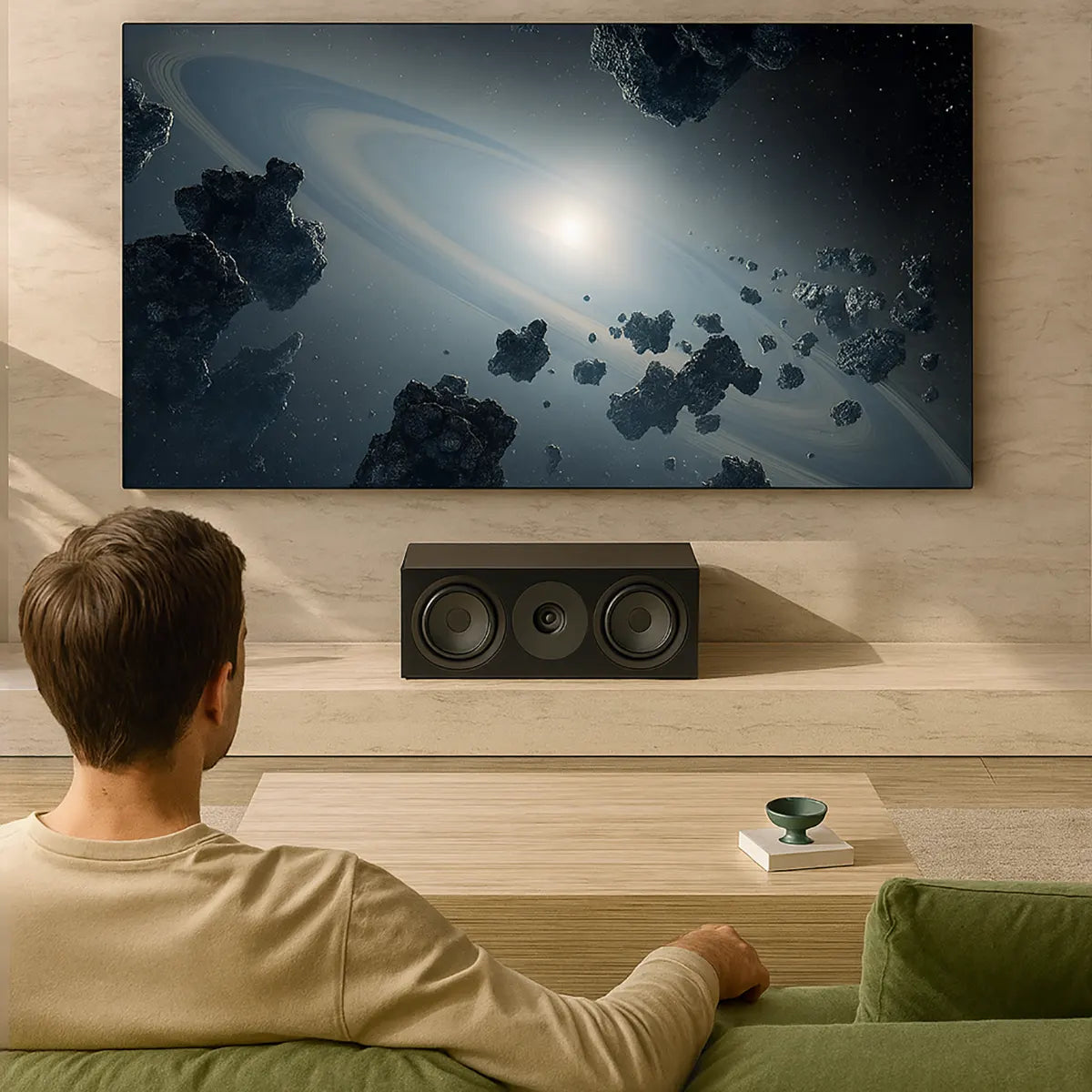 Auf einem grünen Sofa schaut jemand eine Weltraumszene mit Asteroiden auf einem wandmontierten Fernseher über dem KEF Q6 Meta Center-Lautsprecher von KEF, der mit der Uni-Q-Treibertechnologie für immersiven Sound ausgestattet ist.