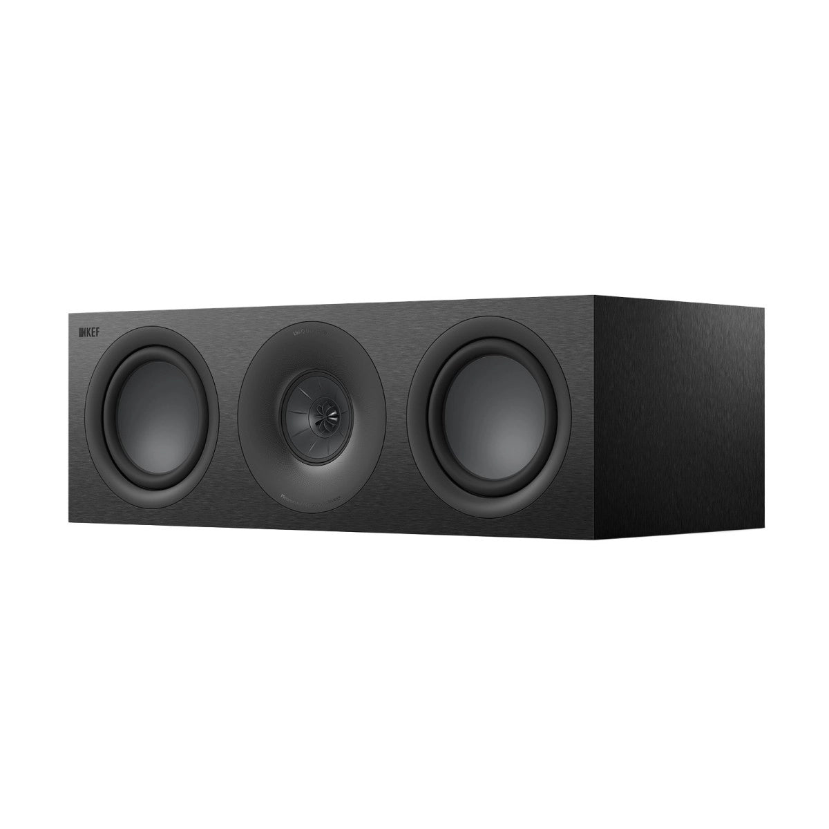 Der KEF Q6 Meta Center-Lautsprecher von KEF ist ein schwarzer, rechteckiger Lautsprecher mit drei runden Fronttreibern und fortschrittlicher Uni-Q-Treibertechnologie für herausragende Klangqualität.