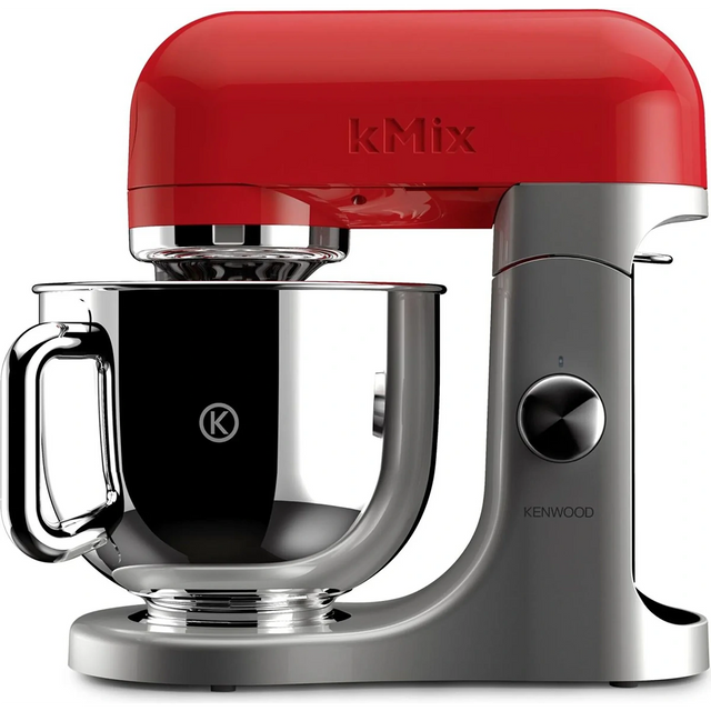 Die Kenwood kMix KMX 750 Küchenmaschine ist ein rot-silberner Standmixer mit einem leistungsstarken 1000-Watt-Motor, einer Edelstahl-Mixschüssel und einem Edelstahlgriff.