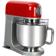 Die Kenwood kMix KMX 750 Küchenmaschine in Rot und Silber verfügt über einen leistungsstarken 1000-Watt-Motor und eine große Edelstahl-Mixschüssel mit Griff (von der Seite gesehen).
