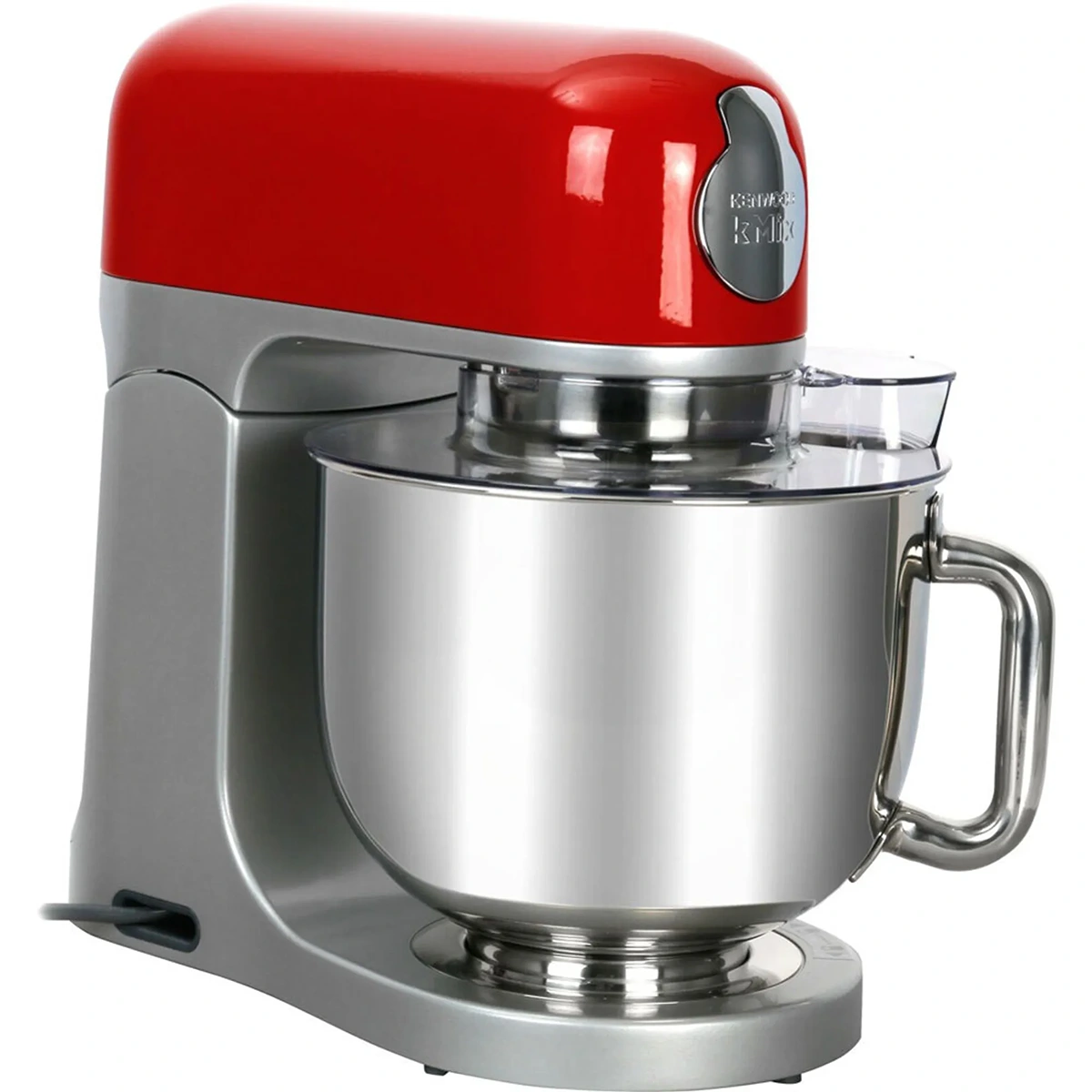 Die Kenwood kMix KMX 750 Küchenmaschine in Rot und Silber verfügt über einen leistungsstarken 1000-Watt-Motor und eine große Edelstahl-Mixschüssel mit Griff (von der Seite gesehen).