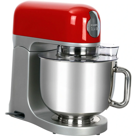 Die Kenwood kMix KMX 750 Küchenmaschine in Rot und Silber verfügt über einen leistungsstarken 1000-Watt-Motor und eine große Edelstahl-Mixschüssel mit Griff (von der Seite gesehen).