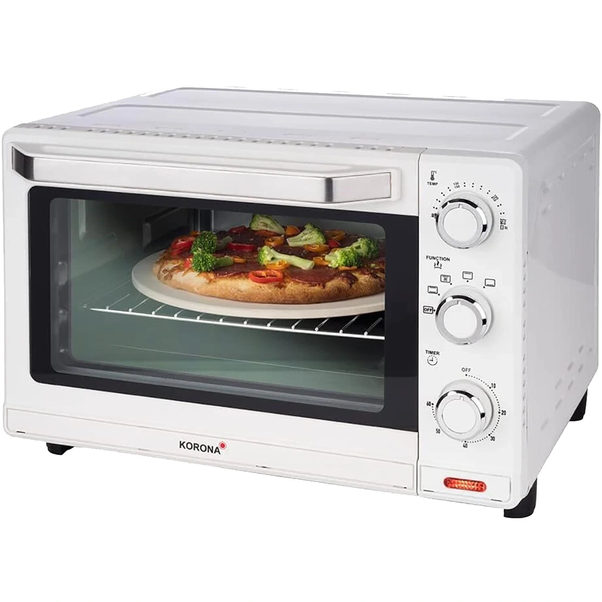 Ein kompakter Korona 57158 Multifunktions-Toastofen in Silber mit drehbaren Zifferblättern und Glastür zeigt eine Gemüse-Pizza auf dem Mittelrost; das Markenzeichen steht auf der unteren Frontseite.