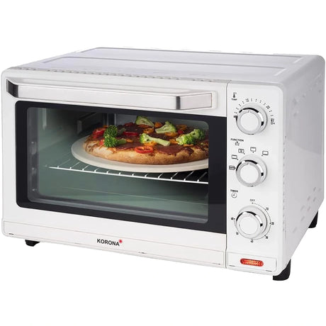 Ein kompakter Korona 57158 Multifunktions-Toastofen in Silber mit drehbaren Zifferblättern und Glastür zeigt eine Gemüse-Pizza auf dem Mittelrost; das Markenzeichen steht auf der unteren Frontseite.