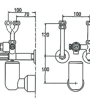 Technische Zeichnung der KWC KV 30 Typ 323 Sicherheitsgruppe (silber) mit beschrifteten Maßen in Millimetern, die Merkmale wie Rückflussverhinderer und 6 bar Sicherheitsgruppe zeigen.