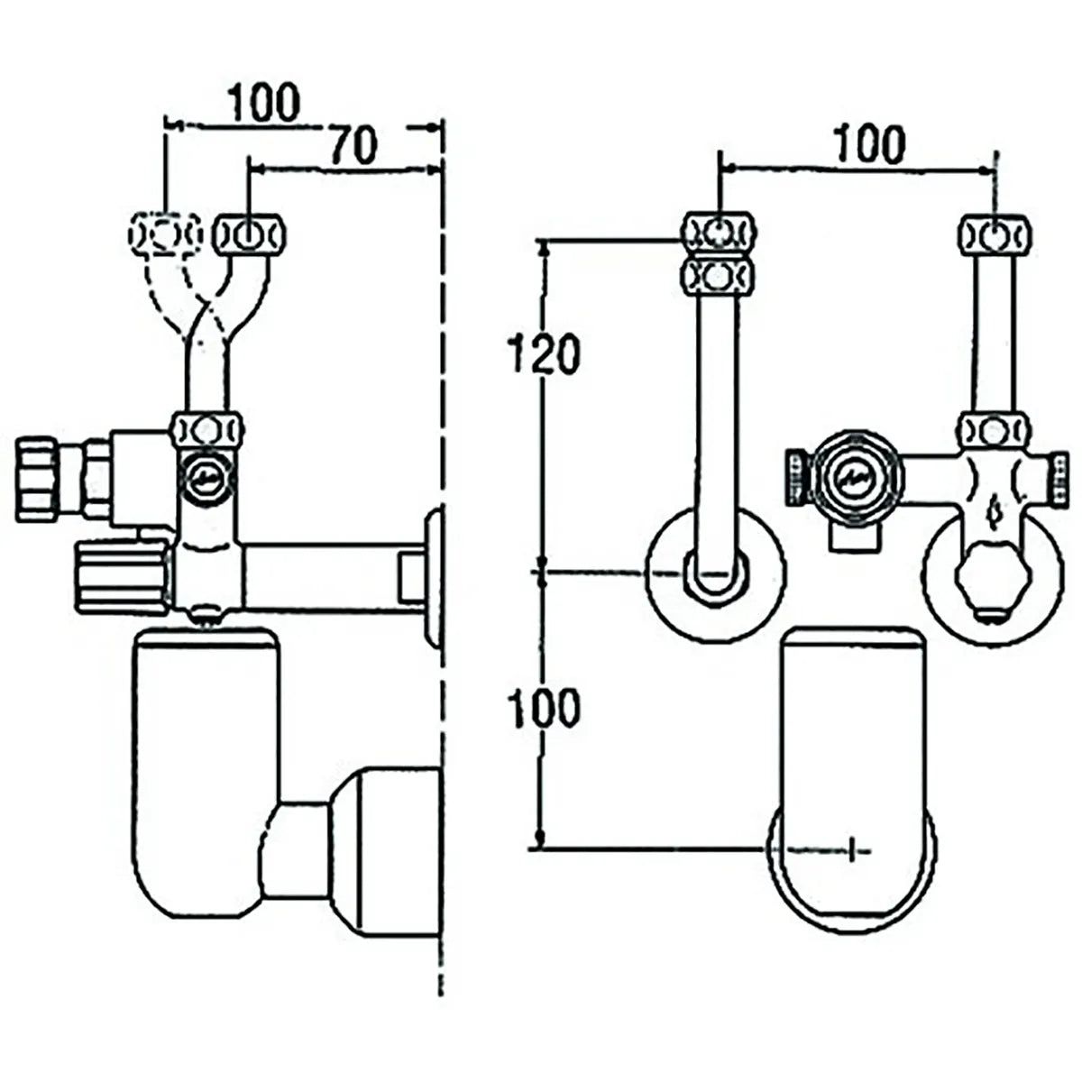 Technische Zeichnung der KWC KV 30 Typ 323 Sicherheitsgruppe (silber) mit beschrifteten Maßen in Millimetern, die Merkmale wie Rückflussverhinderer und 6 bar Sicherheitsgruppe zeigen.