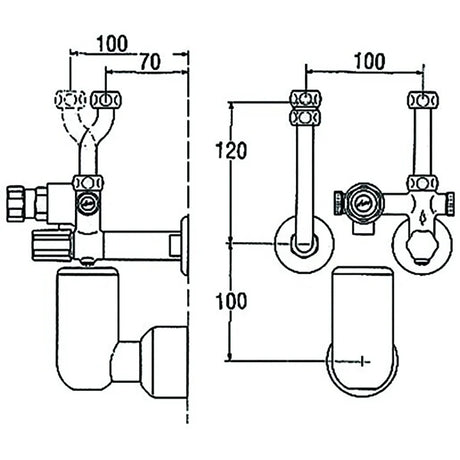 Technische Zeichnung der KWC KV 30 Typ 323 Sicherheitsgruppe (silber) mit beschrifteten Maßen in Millimetern, die Merkmale wie Rückflussverhinderer und 6 bar Sicherheitsgruppe zeigen.