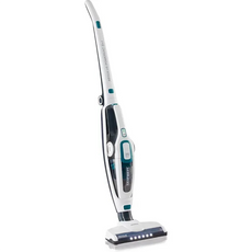 Leifheit PowerVac 2in1 Akku-Stielsauger 11925 von Leifheit in weiß und teal mit Zyklon-Technologie, LED-Beleuchtung am Sockel und aufrechtem Design.
