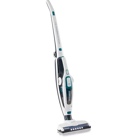 Leifheit PowerVac 2in1 Akku-Stielsauger 11925 von Leifheit in weiß und teal mit Zyklon-Technologie, LED-Beleuchtung am Sockel und aufrechtem Design.