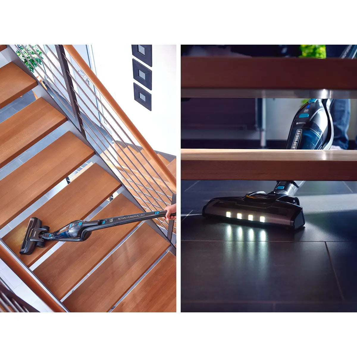 Der Leifheit Rotaro PowerVac 2in1 11928 saugt kabellos Holztreppen und dunkle Böden, wobei LED-Lichter für optimale Ausleuchtung sorgen.