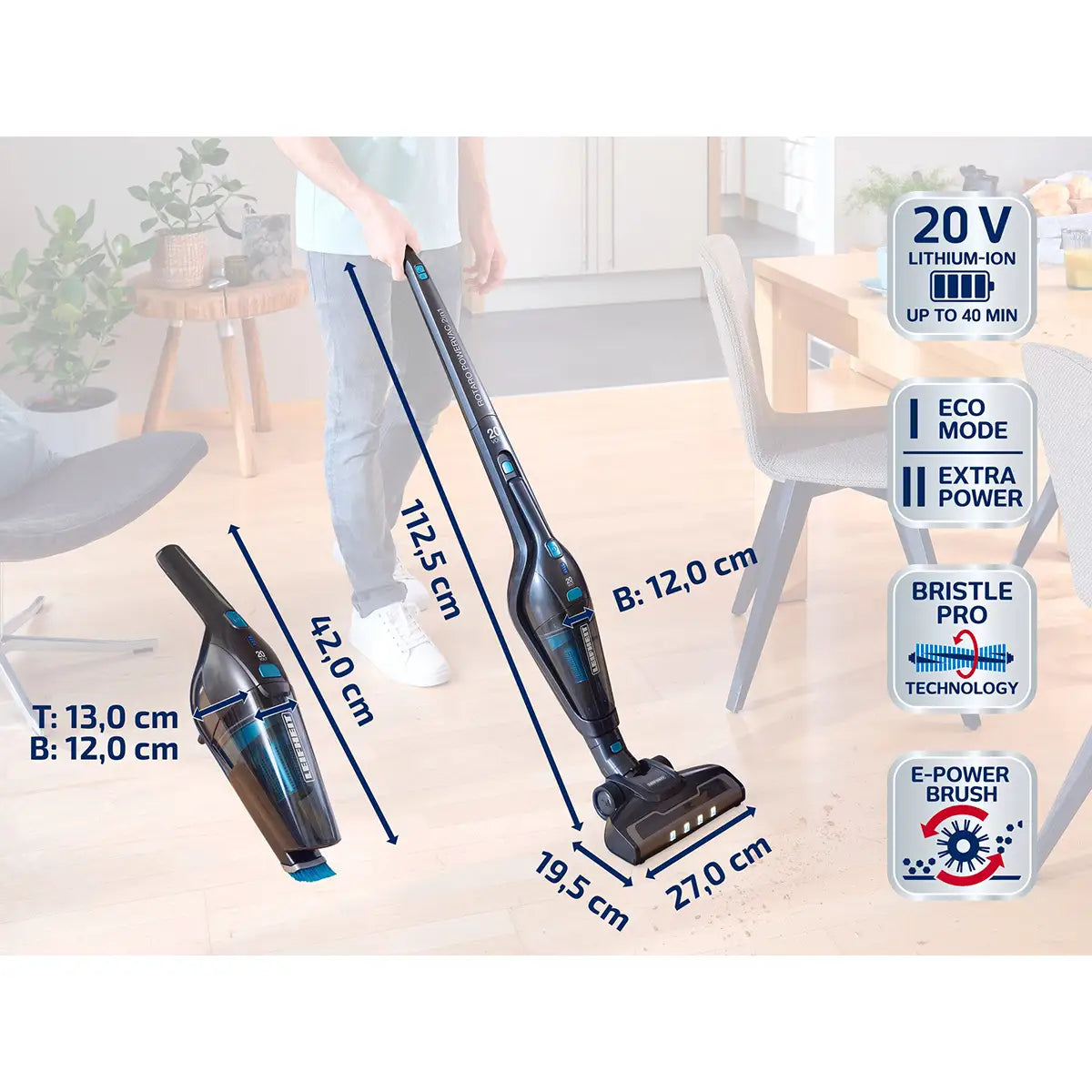 Eine Person benutzt einen schwarzen Leifheit Rotaro PowerVac 2in1 11928 kabelloser Akku-Staubsauger, dessen Maße und Eigenschaften neben dem beutellosen Leifheit-Gerät angezeigt werden.