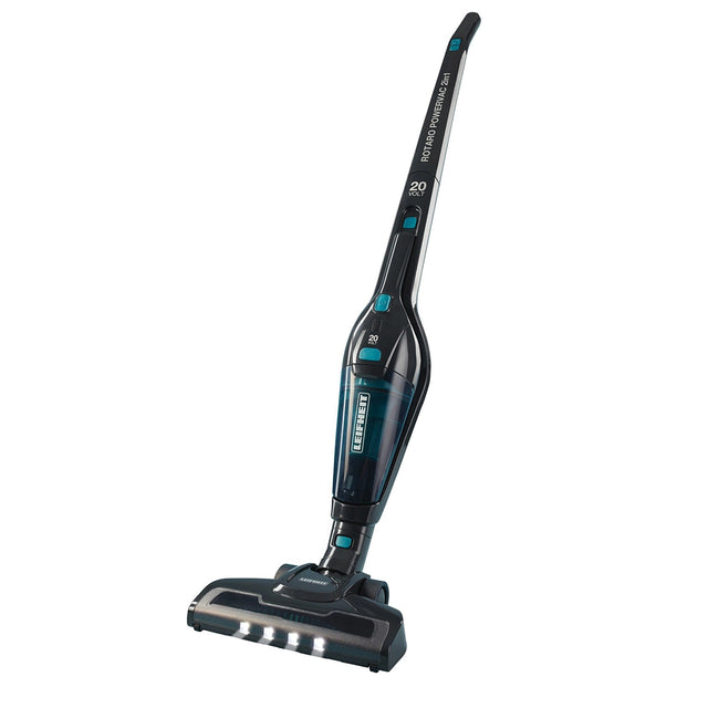 Der Leifheit Rotaro PowerVac 2in1 11928 ist ein kabelloser Akku-Staubsauger in Schwarz und Blau mit LED-Leuchten am Bodenaufsatz.