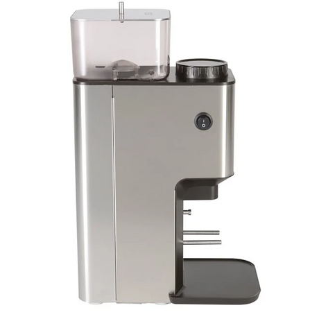 Seitenansicht der Lelit WILLIAM PL72 Kaffeemühle von Lelit, mit einem durchsichtigen Bohnenbehälter oben und einer schwarzen Abtropfschale unten.