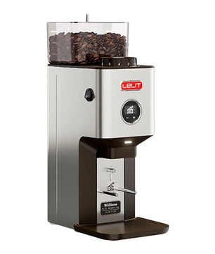 Die Lelit WILLIAM PL72 Kaffeemühle von Lelit hat ein elegantes silbernes Design, einen durchsichtigen Bohnenbehälter, eine Digitalanzeige und das charakteristische Lelit-Logo auf der Vorderseite.