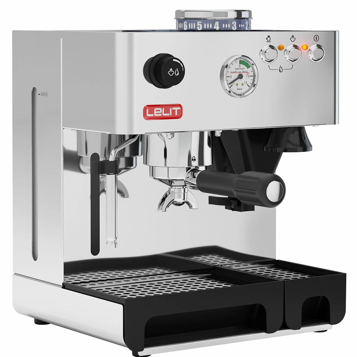 Entdecken Sie die Lelit Anita PL042EM Espressomaschine mit Mühle - Edelstahl: eine Edelstahl-Espressomaschine von Lelit mit Manometer, zwei Drehreglern, Dampfregler, Siebträgerhalter, Tassenwärmer und eingebauter Mühle für perfekten Espresso zu Hause.