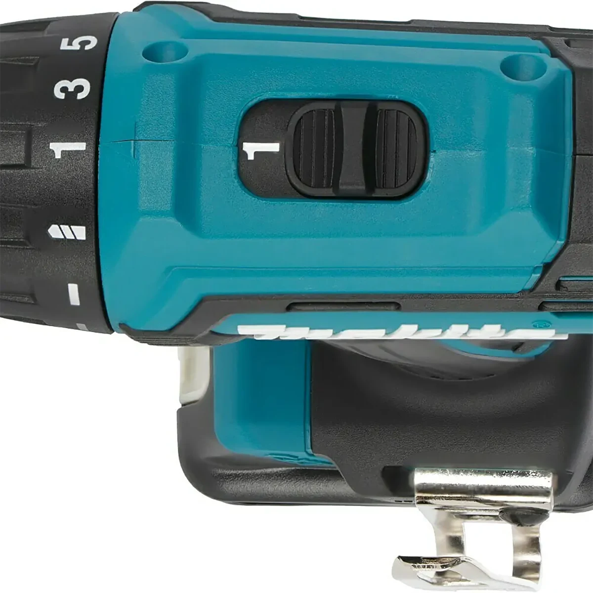 Nahaufnahme des Makita DF333DSAE CXT 12V max. Akku-Bohrschraubers in Blau und Schwarz, der seine Drehmomenteinstellungen und den Betriebsartenschalter zeigt.