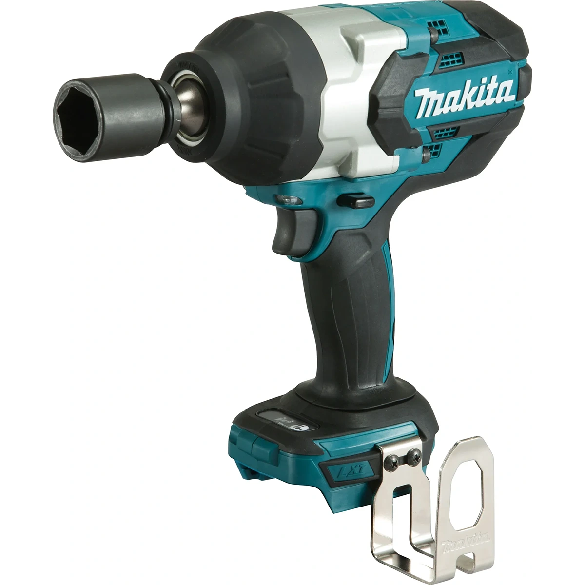 Der Makita DTW1002Z - 18V Akku-Schlagschrauber (Solo) von Makita zeichnet sich durch ein blau-schwarzes Design, einen 18V LXT-Akku und einen robusten Metall-Gürtelclip an der Basis für einen bequemen Transport aus.