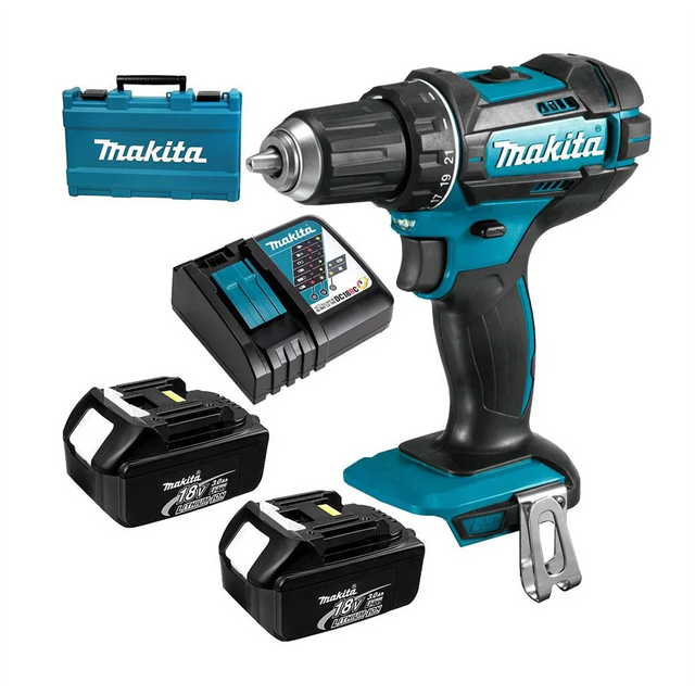 Makita DHP482RFE 18 V Li-Ion (3,0 Ah) Akku-Schlagbohrschrauber mit Ladegerät, zwei Akkus und blauem Transportkoffer von Makita.