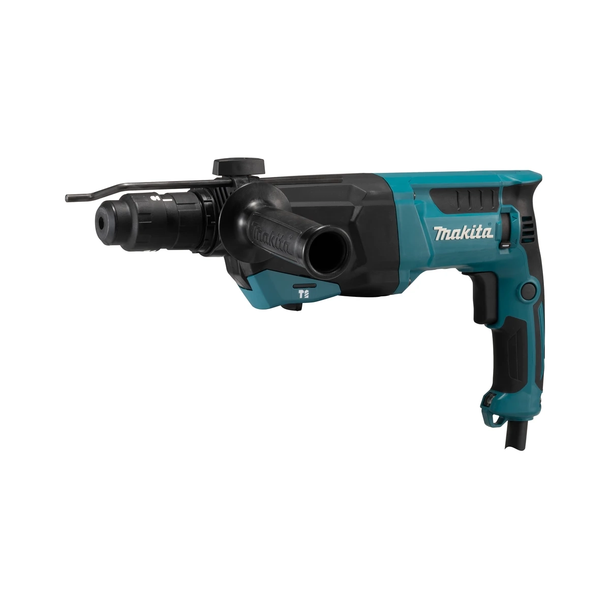 Der Makita Kombihammer HR2670FTX1, eine schwarz-grüne Elektrobohrmaschine mit SDS-PLUS-Kompatibilität und seitlichem Griff von Makita, ist auf weißem Hintergrund abgebildet.