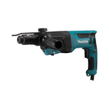 Der Makita Kombihammer HR2670FTX1, eine schwarz-grüne Elektrobohrmaschine mit SDS-PLUS-Kompatibilität und seitlichem Griff von Makita, ist auf weißem Hintergrund abgebildet.