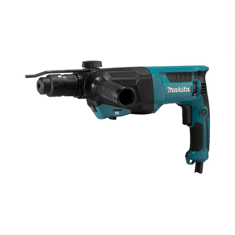 Der Makita Kombihammer HR2670FTX1, eine schwarz-grüne Elektrobohrmaschine mit SDS-PLUS-Kompatibilität und seitlichem Griff von Makita, ist auf weißem Hintergrund abgebildet.