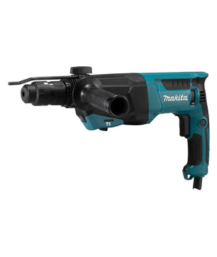 Der Makita Kombihammer HR2670FTX1 ist ein kabelgebundener Elektrobohrhammer mit SDS-PLUS, 800-Watt-Motor, seitlichem Handgriff und in den Farben Schwarz und Teal erhältlich.