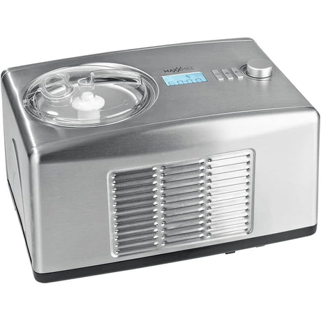 Die MAXXMEE Eismaschine 150W - silber von MAXXMEE verfügt über einen 5L Eisbehälter, ein digitales Display mit Kontrolltasten, einen transparenten Deckel und ein Design aus Edelstahl. Diese Eismaschine mit Kompressor ist auf einem weißen Hintergrund abgebildet.