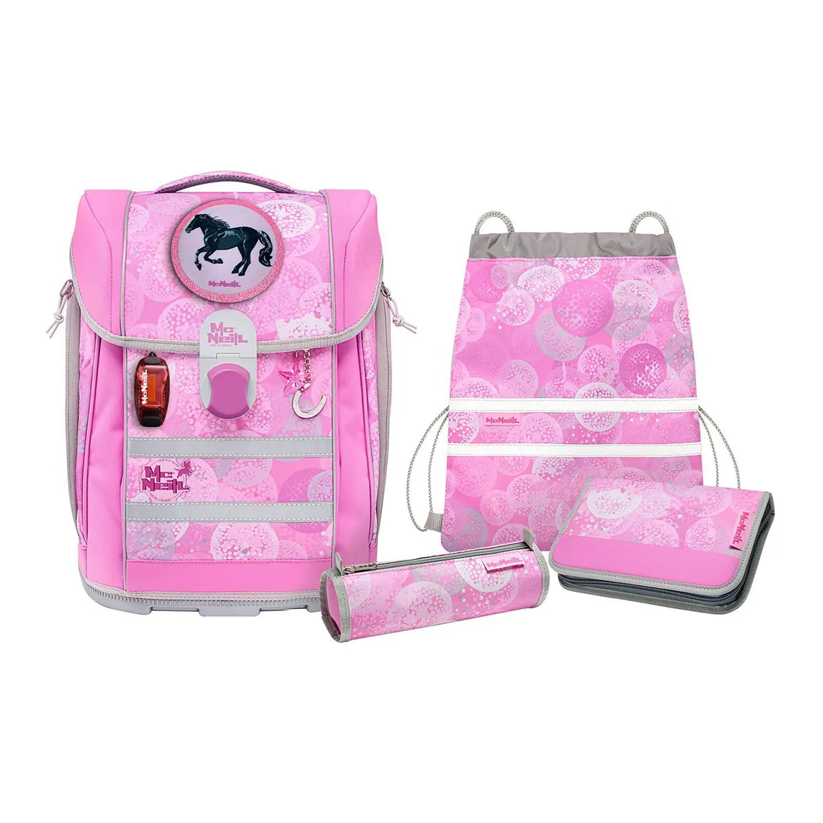 Das McNeill McLight 2 Schulranzen Set 6-teilig - Beauty (rosa) von McNeill überzeugt mit Pferdemotiv und enthält Rucksack, LED-Leuchtanhänger, Turnbeutel, Federmäppchen und Etui.
