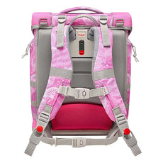 Der McNeill McLight 2 Schulranzen Set 6-teilig - Beauty (rosa) ist ein rosafarbener Kinderrucksack von McNeill, abgebildet von der Rückseite mit gepolsterten Trägern, Verstellschnallen und einem leichten, ergonomischen Design für den bequemen täglichen Gebrauch.