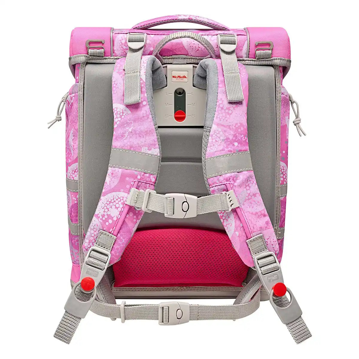 Der McNeill McLight 2 Schulranzen Set 6-teilig - Beauty (rosa) ist ein rosafarbener Kinderrucksack von McNeill, abgebildet von der Rückseite mit gepolsterten Trägern, Verstellschnallen und einem leichten, ergonomischen Design für den bequemen täglichen Gebrauch.