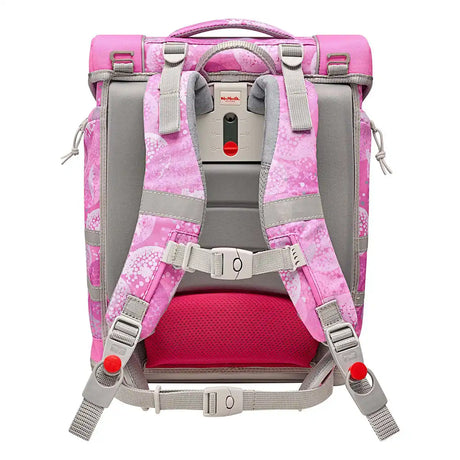 Der McNeill McLight 2 Schulranzen Set 6-teilig - Beauty (rosa) ist ein rosafarbener Kinderrucksack von McNeill, abgebildet von der Rückseite mit gepolsterten Trägern, Verstellschnallen und einem leichten, ergonomischen Design für den bequemen täglichen Gebrauch.