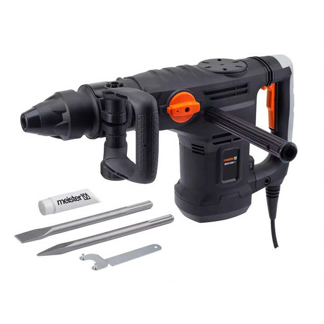 Der Meister Abbruchhammer MAH 1600-1, ein schwarz-orangefarbener 1600 Watt Abbruchhammer von Meister, kommt mit Meißelaufsätzen und einem Schraubenschlüssel - perfekt für Meißelarbeiten - auf weißem Hintergrund.