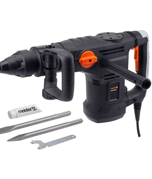 Der Meister Abbruchhammer MAH 1600-1, ein schwarz-orangefarbener elektrischer Bohrhammer (1600 Watt), beinhaltet zusätzliche Meißel, Schlauch und Schraubenschlüssel - perfekt für anspruchsvolle Abbrucharbeiten auf weißem Untergrund.